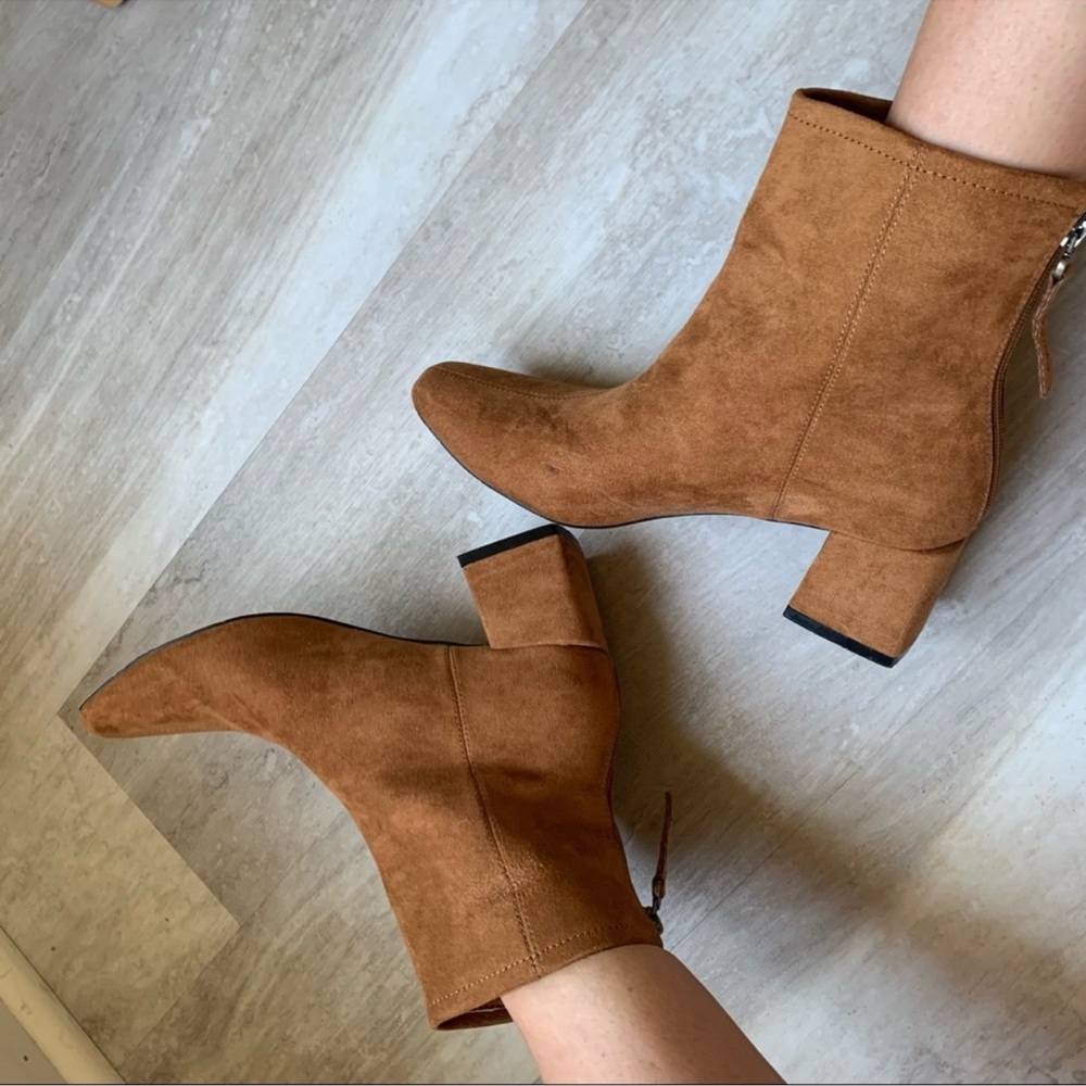 Lulus Square Toed Block Heel Camel Color Suede Ankle Boots - Picture 3 of 16